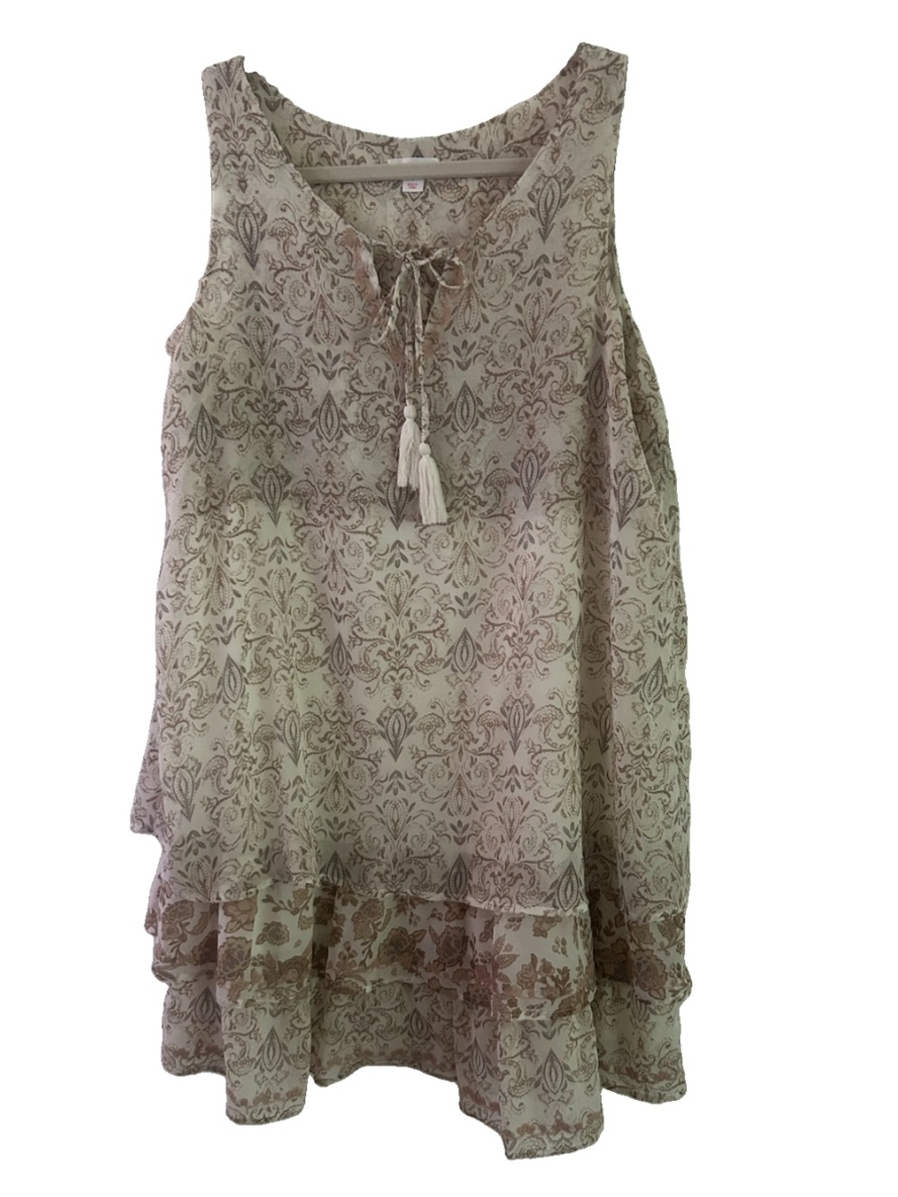 Xhilaration Beige Floral Tassel Tie Tiered Mini Boho Semi Sheer Dress Large